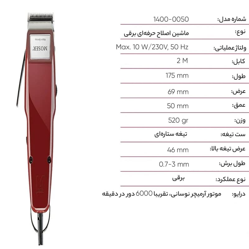 ماشین اصلاح موی سر و صورت موزر مدل 0050-1400 تیغه استیل ضد زنگ، اصلاح با برش مستقیم، اندازه اصلاح 0.7 تا 3 میلی‌متر، منبع تغذیه برق، وزن 500 گرم و دارای شانه 1 میلی‌متری و روغن روان‌کننده | لوازم خانه — تصویر ۸