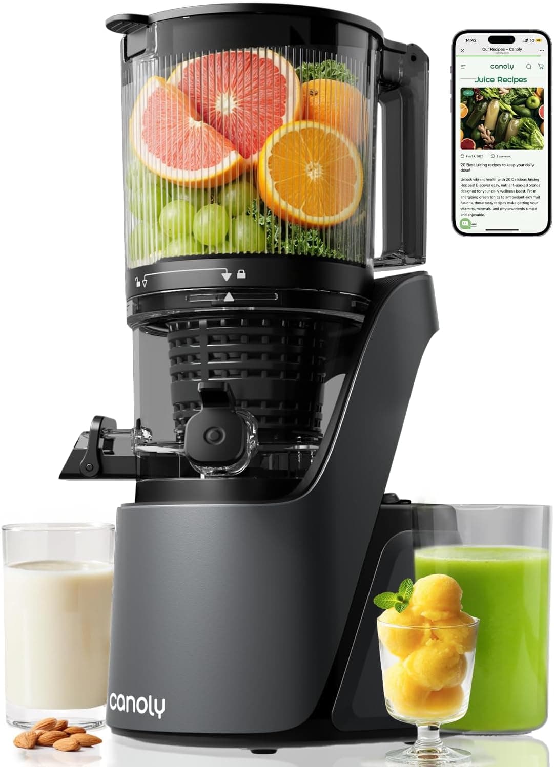 آبمیوه گیری Canoly C16 Cold Press | دهانه بزرگ ۱۵۰ میلیمتری و ظرفیت ۲.۶ لیتر