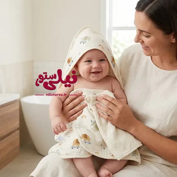 ست حوله و لیف نوزاد طرح فیل و رنگین کمان برند bebekevi