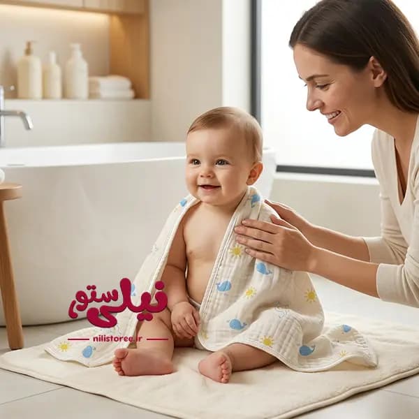 خشک کن دورپیچ موسیلین نوزاد طرح دلفین برند بیبی فورلایف Baby4life