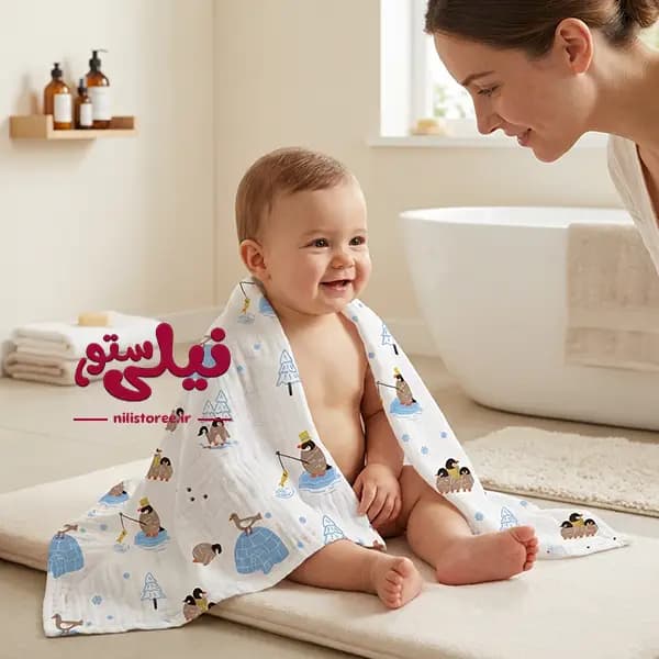 خشک کن دورپیچ موسیلین نوزاد طرح پنگوئن برند بیبی فورلایف Baby4life