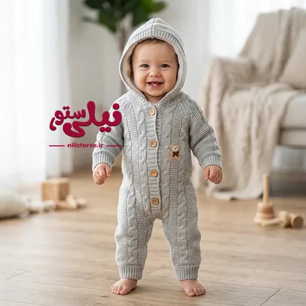 سرهمی کلاهدار نوزاد بافتی طرح خرس برند پاسارگاد رنگ طوسی روشن کد 1730