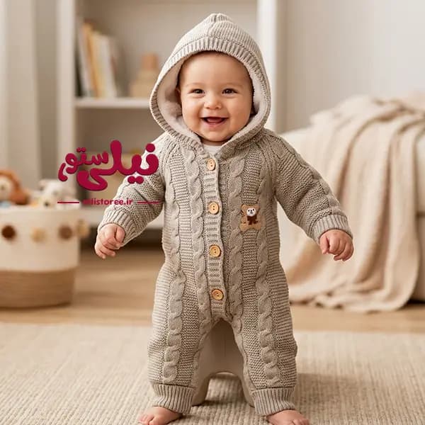 سرهمی کلاهدار نوزاد بافتی طرح خرس برند پاسارگاد رنگ بژطوسی کد 1730