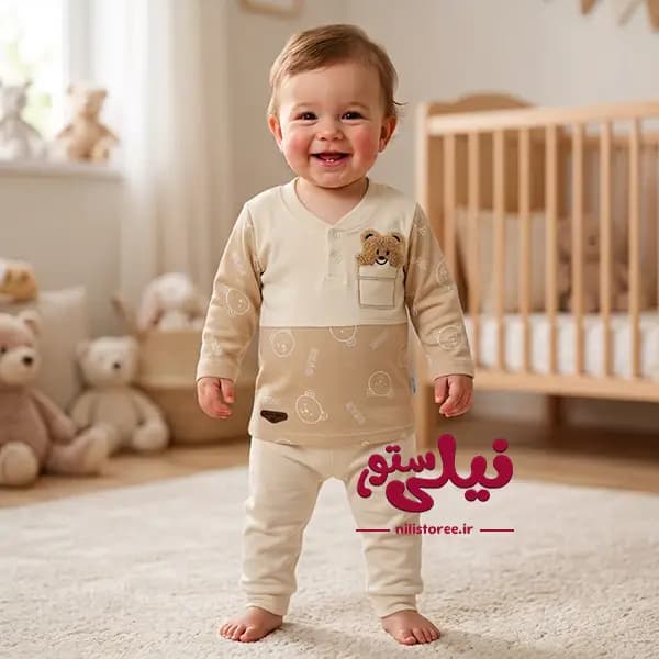 بلوز آستین بلند نوزاد طرح خرس کرم برند مون بیبی Moon baby