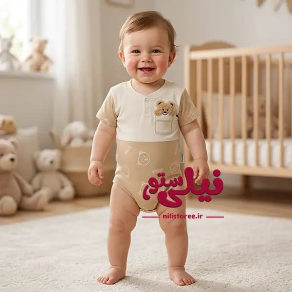 زیردکمه آستین کوتاه نوزاد طرح خرس کرم برند مون بیبی Moon baby
