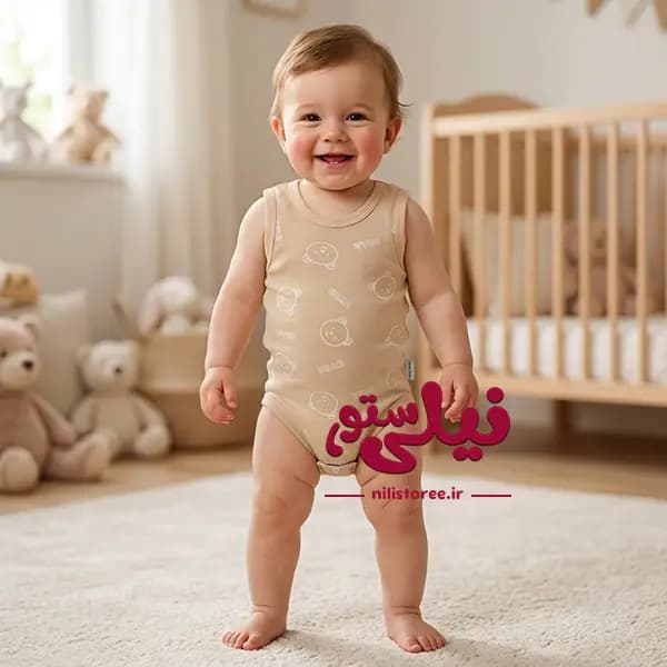 زیردکمه رکابی نوزاد طرح خرس کرم برند مون بیبی Moon baby