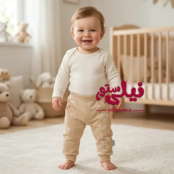 شلوار نوزاد طرح خرس کرم برند مون بیبی Moon baby