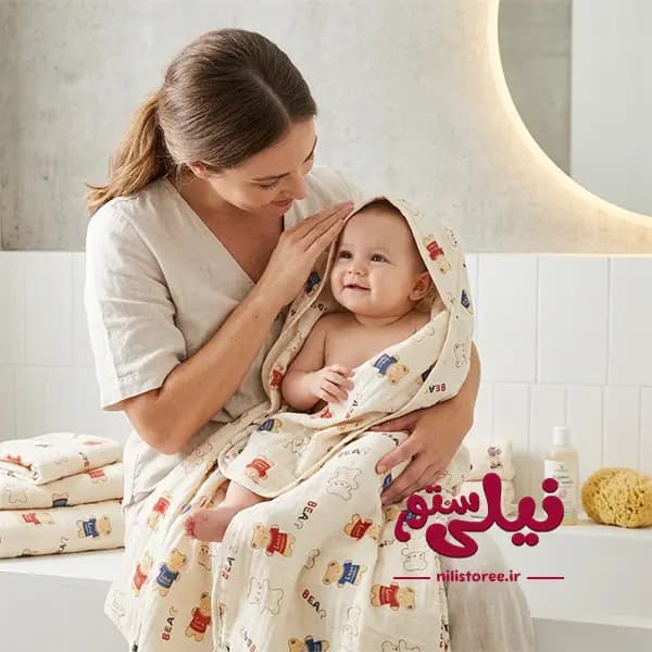 خشک کن دورپیچ موسیلین نوزاد طرح خرس برند بیبی فورلایف Baby4life