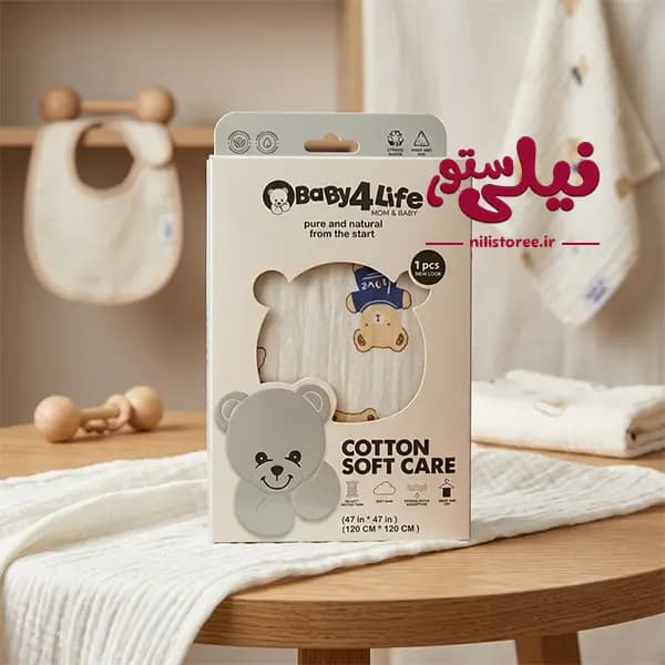 خشک کن دورپیچ موسیلین نوزاد طرح خرس برند بیبی فورلایف Baby4life — تصویر ۲