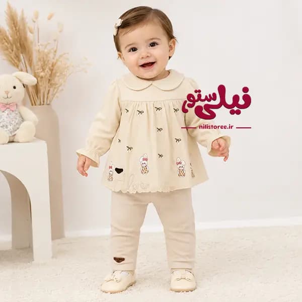 پیراهن و شلوار دخترانه طرح خرگوش برند مون بیبی Moon baby کد 600