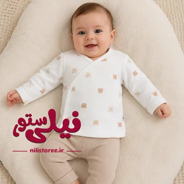 مانتو نوزاد طرح خرس کارامل رنگ سفید برند نیلی