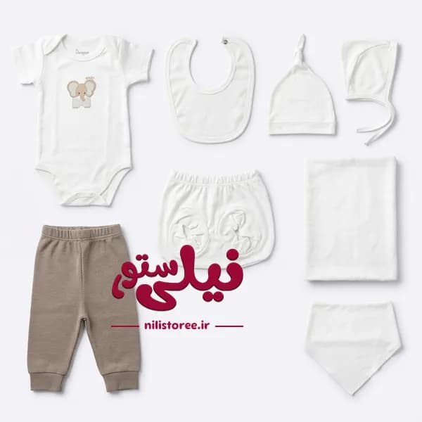 ست 19 تکه جعبه ای نوزادی طرح فیل باهوش برند Danaloo کد 620 — تصویر ۳