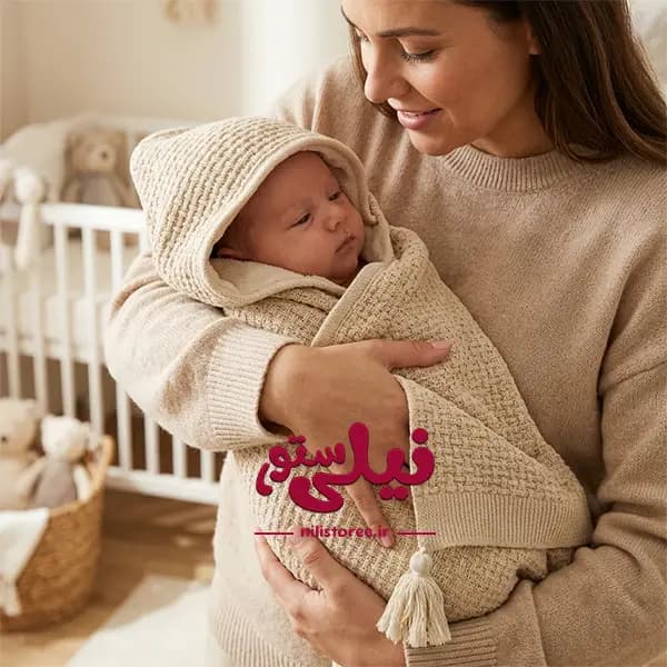 پتو بافت کلاهدار نوزاد طرح بافت زنجیره ای برند دلانو Dolano