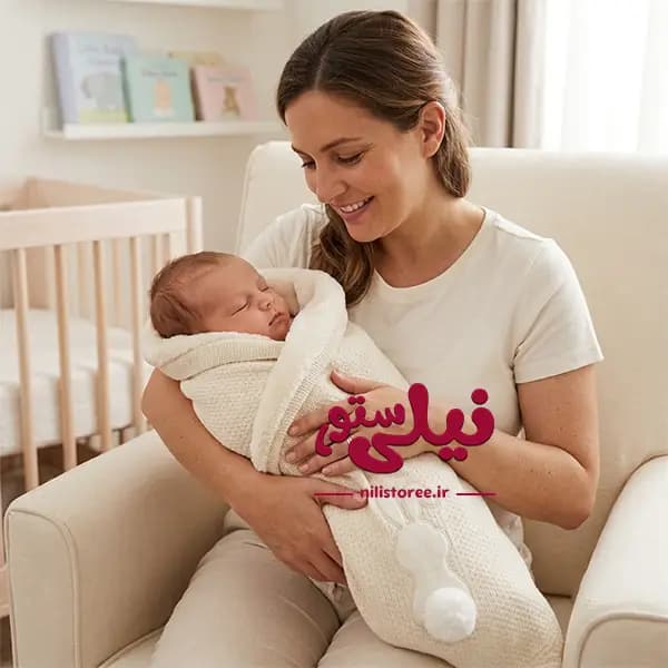 پتو بافت کلاهدار نوزاد طرح خرگوش پوم دار برند دلانو Dolano