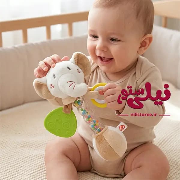 جغجغه نوزاد طرح فیل رنگ کرم برند بیبی فان Baby Fun — تصویر ۴