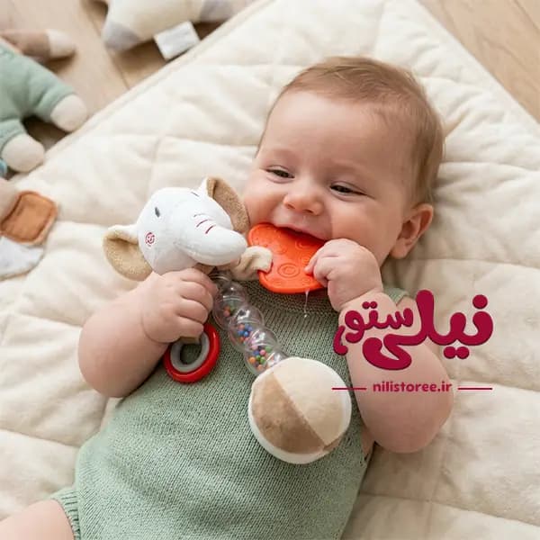 جغجغه نوزاد طرح فیل رنگ کرم برند بیبی فان Baby Fun