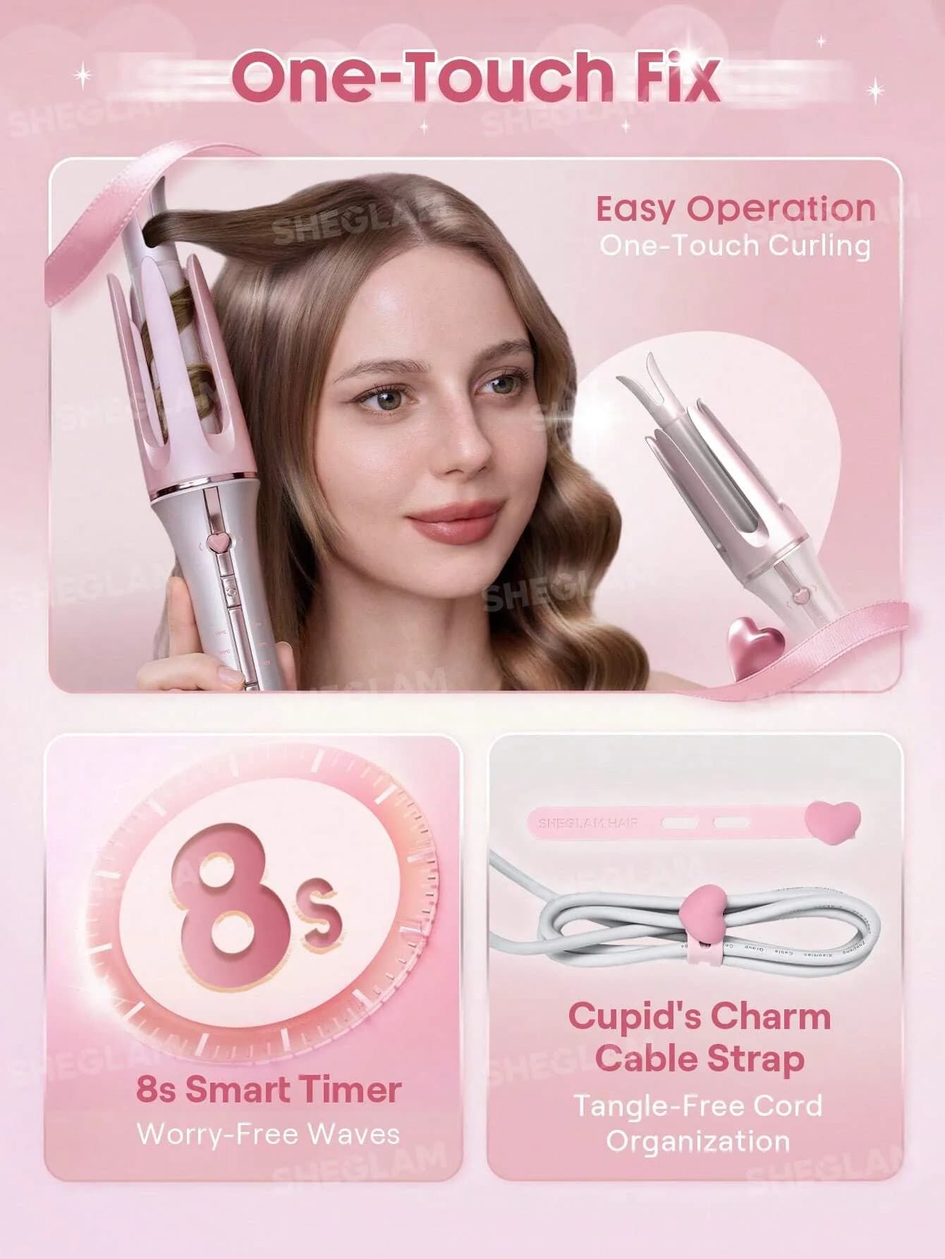 فرکننده مو شیگلم صورتی Sheglam Hair Cupid’s Charm One-Touch Instant Curler – 25mm (UK Plug) — تصویر ۵