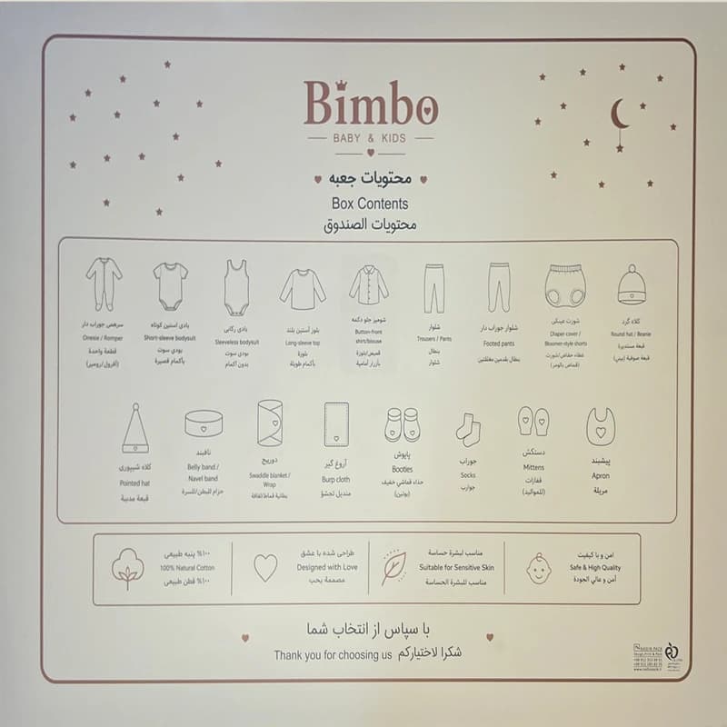ست 20 تکه بیمارستانی جعبه بزرگ نوزاد برند bimbo جنس پنبه دورو مدل خرس شالدار — تصویر ۶