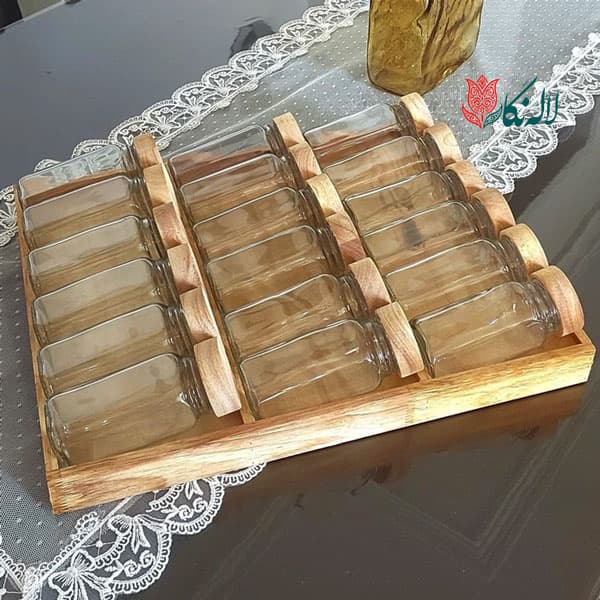 جا ادویه مکارتی 18تایی داخل کشو با استند چوبی – سایز شیشه 12 همراه درب سیلیکونی ادویه پاش- لاله نگار
