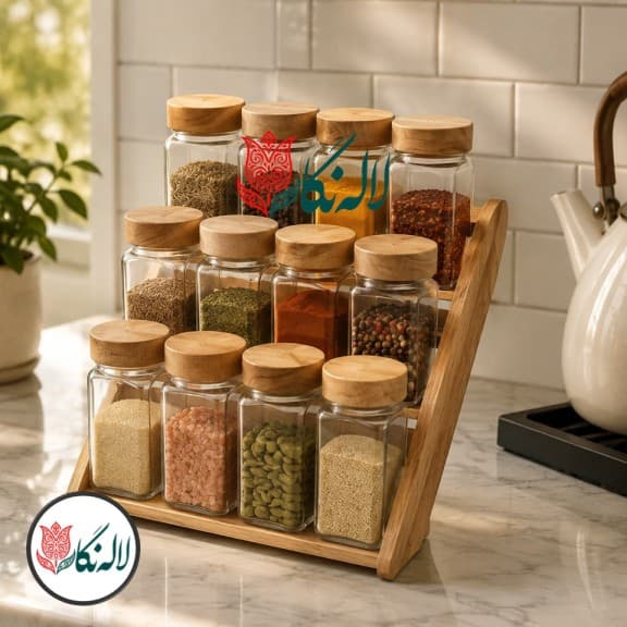 جا ادویه ای چوبی دوحالته 12 پارچه مکارتی سایز 12 همراه درب سیلیکونی ادویه پاش- لاله نگار