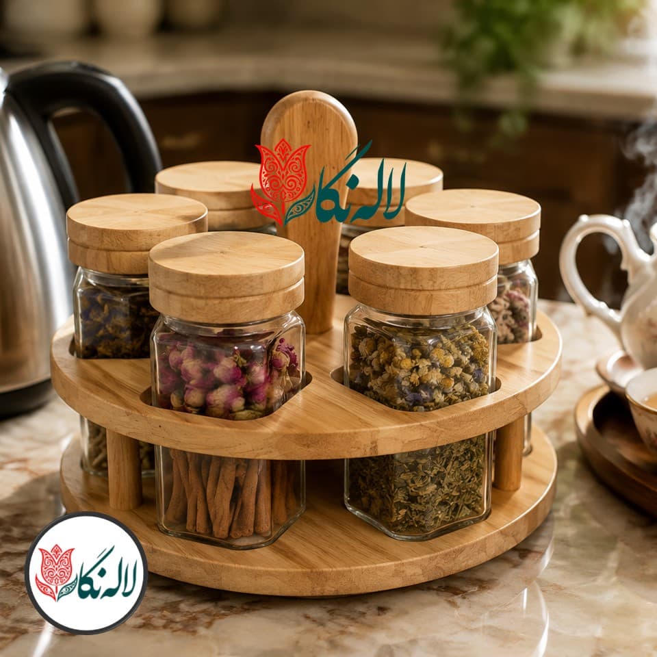 ست جا ادویه چوبی چرخشی مکارتی 6 پارچه رابروود – همراه درب سیلیکونی ادویه پاش – لاله نگار