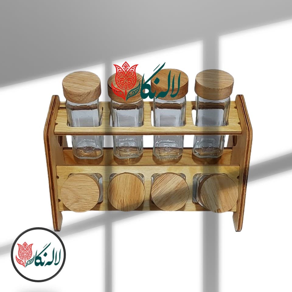 جا ادویه مکارتی 8عددی با استند چوبی همراه درب سیلیکونی ادویه پاش – لاله نگار