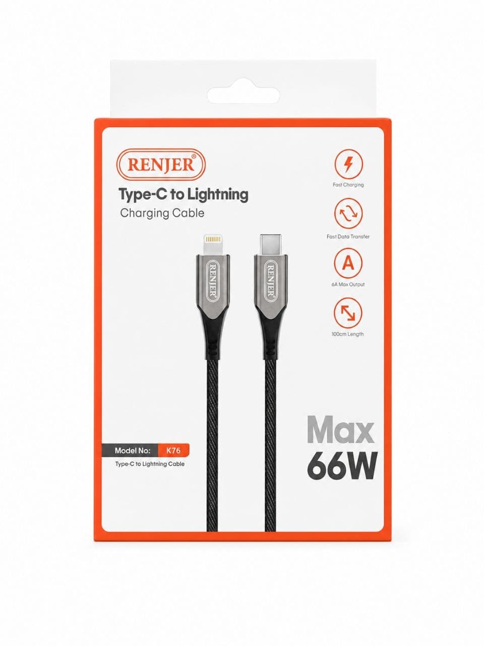 کابل فست شارژ تایپ سی به آیفون رنجر K-76 | W 66 کابل Type-C به Lightning RENJER