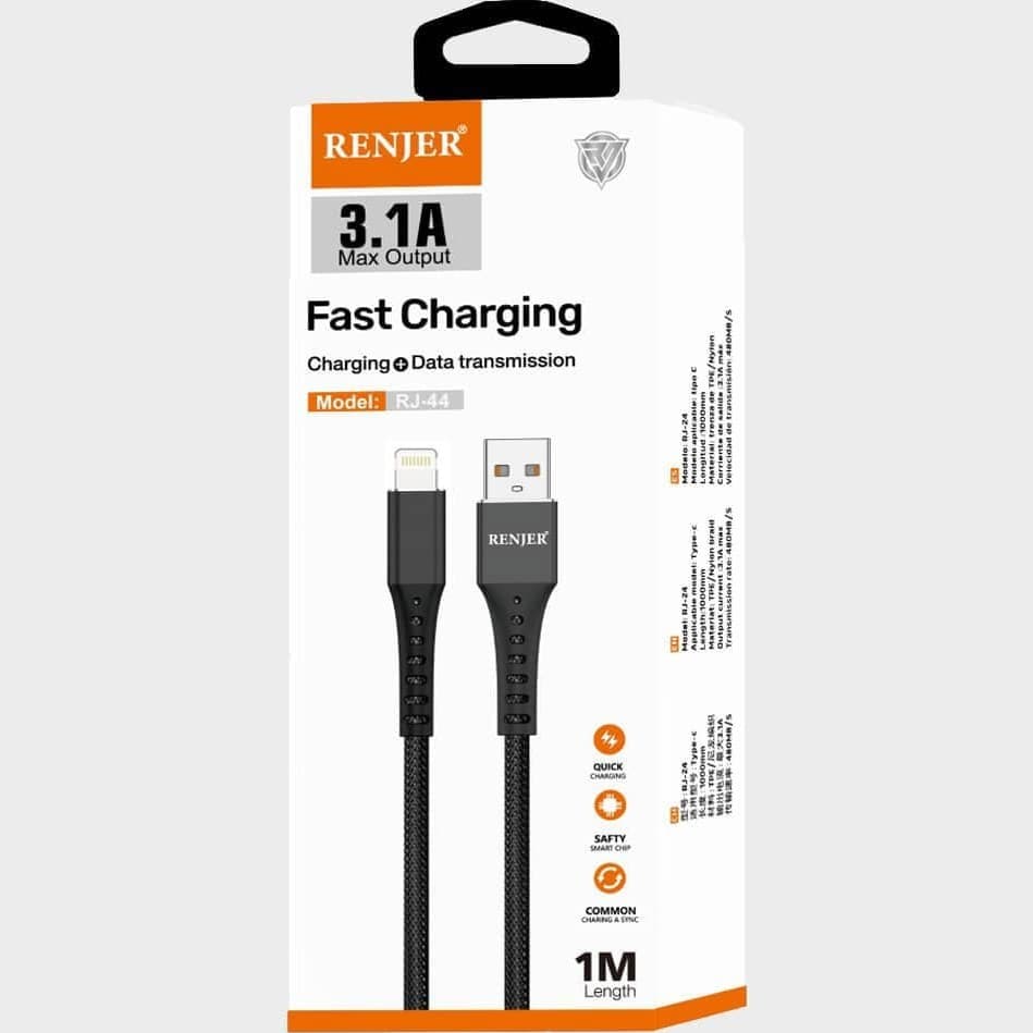 کابل شارژ آیفون رنجر RJ44 | کابل لایتنینگ فست شارژ 3.1 آمپر RENJER