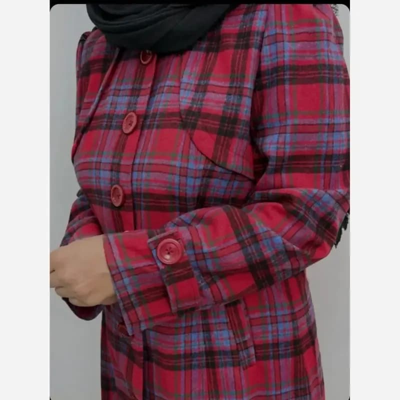 کت پالتویی وارداتی چهارخونه آستردار کشمیری یقه گرد — تصویر ۴