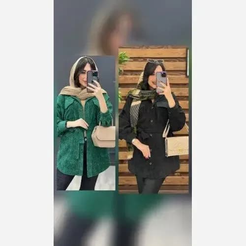 مانتو کبریتی زنانه کوتاه جیب دار با کمربند رنگ سبز سفید طوسی