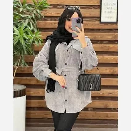 مانتو کبریتی زنانه کوتاه جیب دار با کمربند رنگ سبز سفید طوسی — تصویر ۳