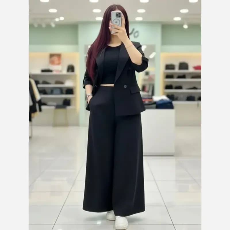 ست کت و شلوار پاییزه زنانه جنس سوپر مازراتی اعلا فری سایز رنگ مشکی و دودی — تصویر ۲