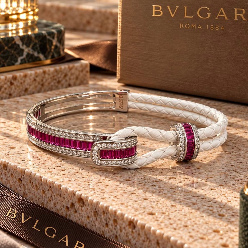 دستبند دخترانه چرمی نگین دار بولگاری BVLGARI سرخابی