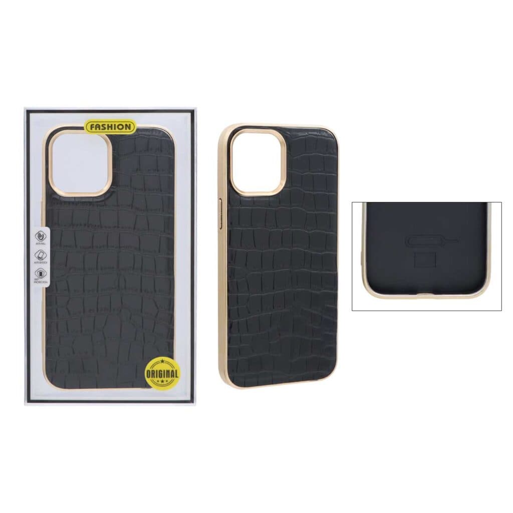 قاب طرح چرم کروکودیل دور طلایی Apple iPhone 12 Pro Max – مشکی (پک دار) — تصویر ۲