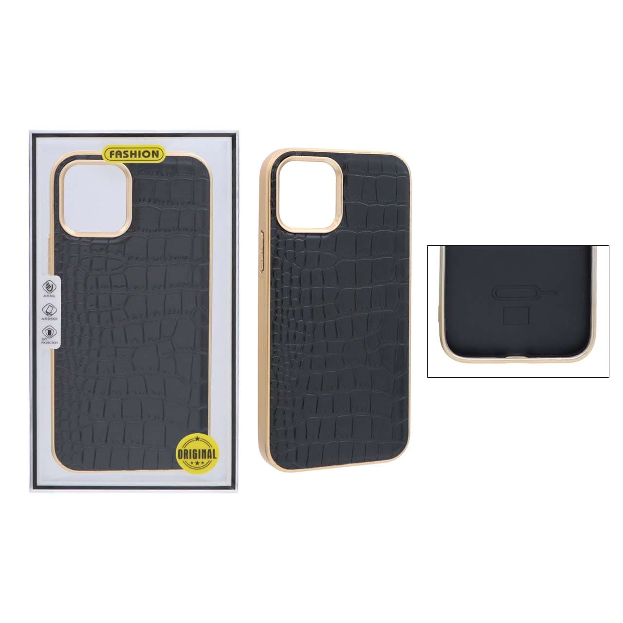 قاب طرح چرم کروکودیل دور طلایی Apple iPhone 12 / iPhone 12 Pro – مشکی (پک دار)