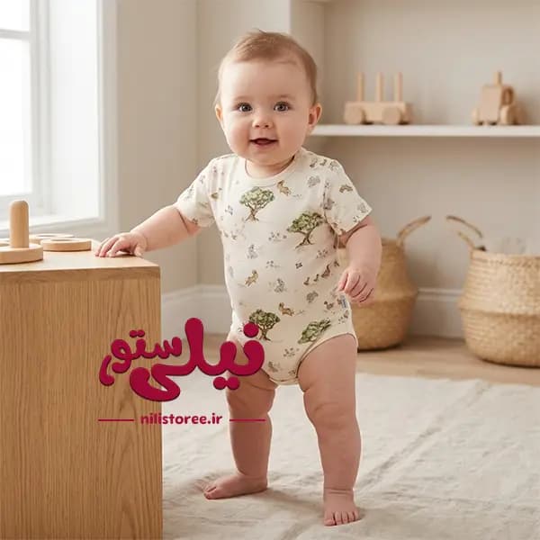 زیردکمه آستین کوتاه نوزاد یقه دکمه دار طرح برکه برند آدمک