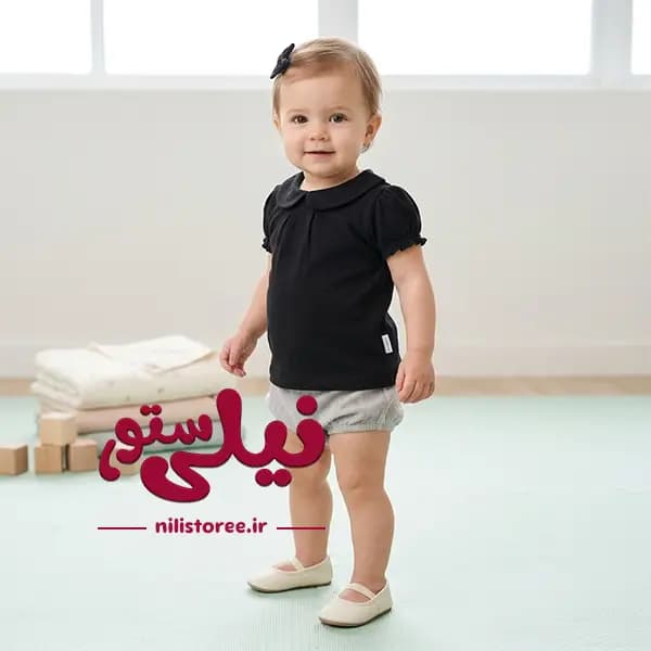 بلوز آستین کوتاه نوزاد یقه ب ب مشکی برند آدمک کد 140027