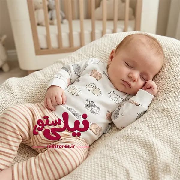 ست بلوز آستین بلند و شلوار نقلی طرح فیل رنگ کرم برند مون بیبی moon baby