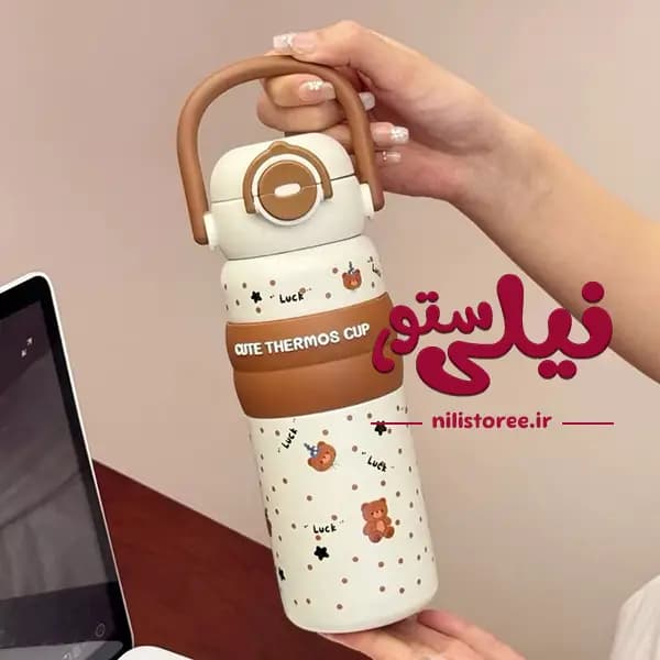 فلاسک دوجداره نی دار کودک 620 میل طرح خرس کد 066 — تصویر ۲
