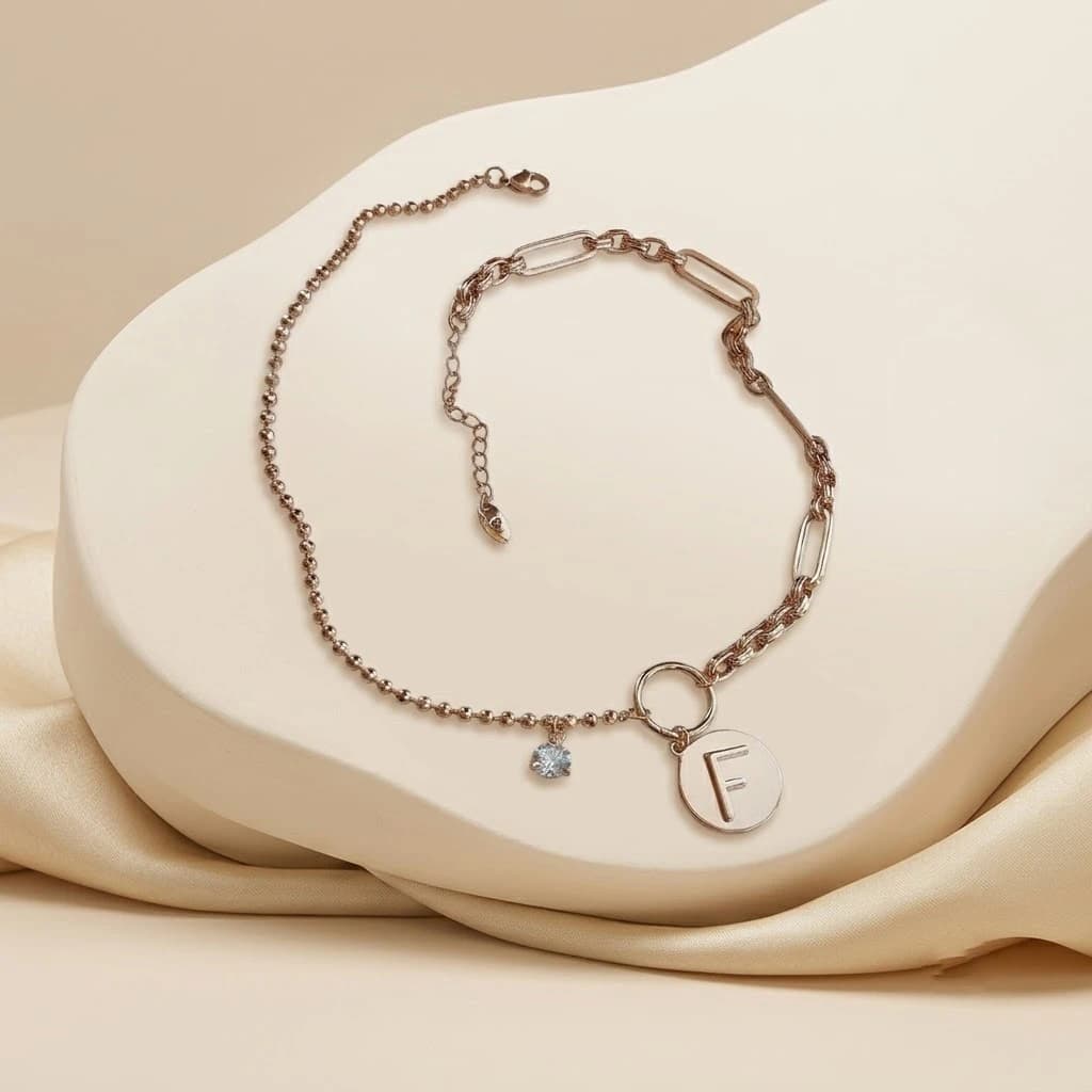 گردنبند ژوپینگ حرف F نگین‌دار روکش طلا رنگ ثابت و ضدحساسیت