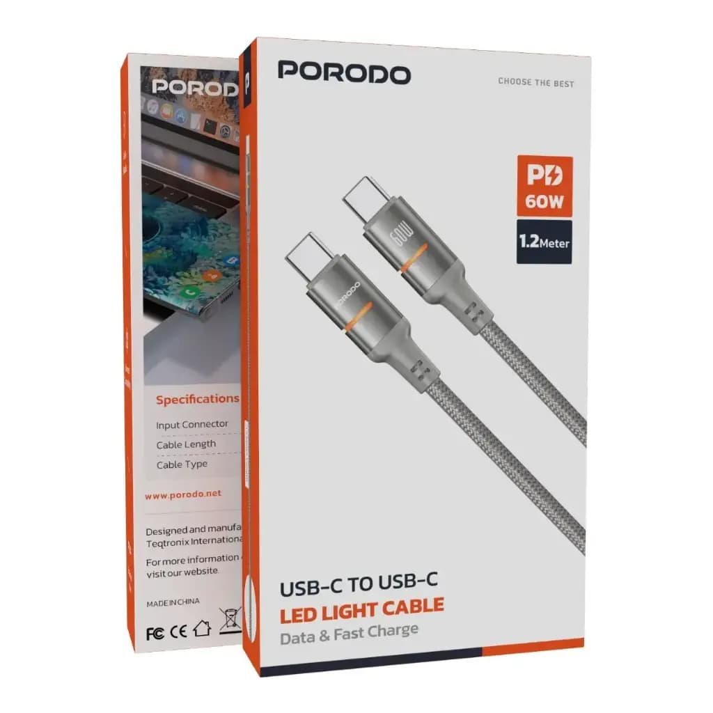 کابل 60W پرودو Porodo 60W USB-C to USB-C LED Light Cable PDCBL0028G — تصویر ۲