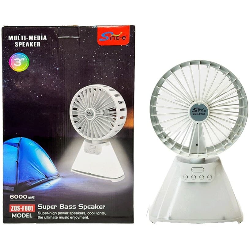اسپیکر و پنکه شارژی ZQS-F801 | اسپیکر بلوتوثی چندکاره با چراغ LED