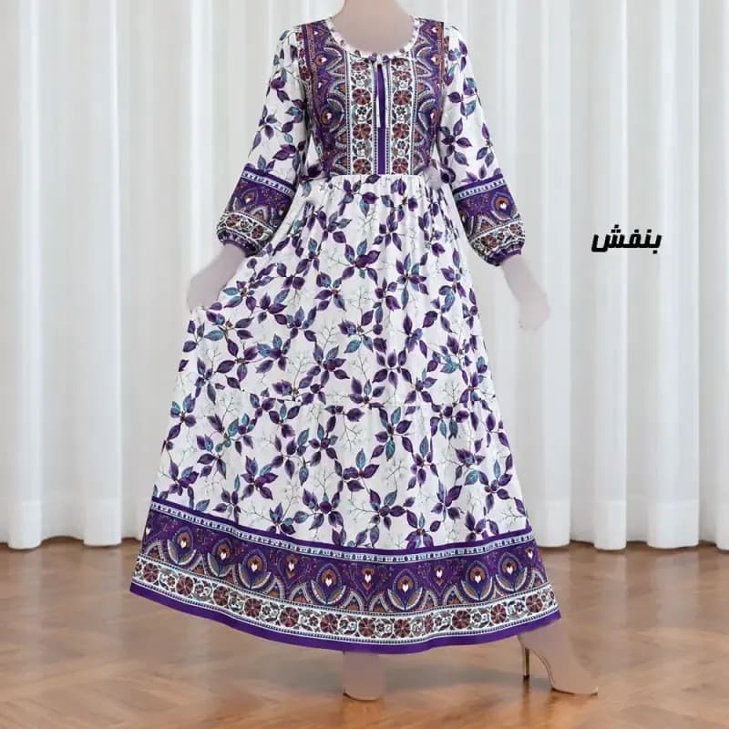 پیراهن ساحلی زنانه نخی حاشیهدار برگ فری سایز مناسب تا 48 کمربنددار — تصویر ۵
