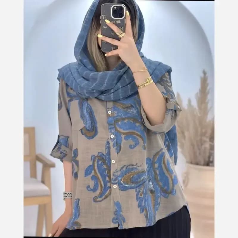 شومیز مانتویی ایتالیایی جنس کراس حصیری اعلا فری سایز آبی قهوه ای — تصویر ۸