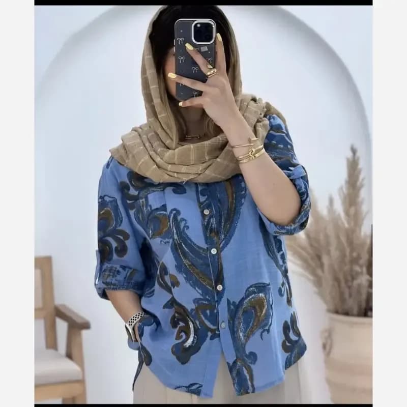 شومیز مانتویی ایتالیایی جنس کراس حصیری اعلا فری سایز آبی قهوه ای — تصویر ۷