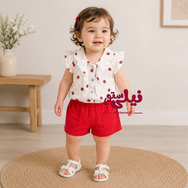 ست بلوز آستین کوتاه و شلوارک دخترانه طرح توت فرنگی برند وفس Vafs کد4816