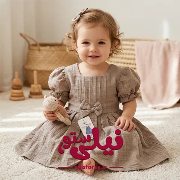 پیراهن دامن دار دخترانه برند نینی ناکس NiniNax رنگ خاکی کد 1410
