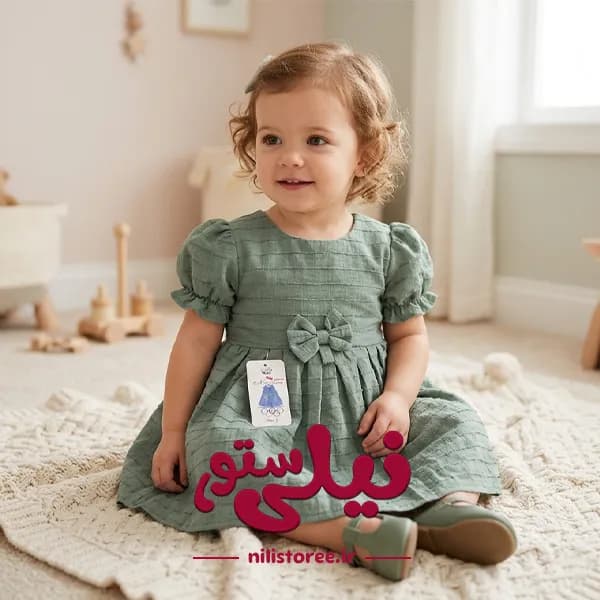 پیراهن دامن دار دخترانه برند نینی ناکس NiniNax رنگ سبز کد 1410