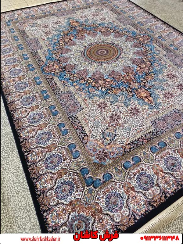 فرش ماشینی طرح کرمان سرمه ای 1000شانه