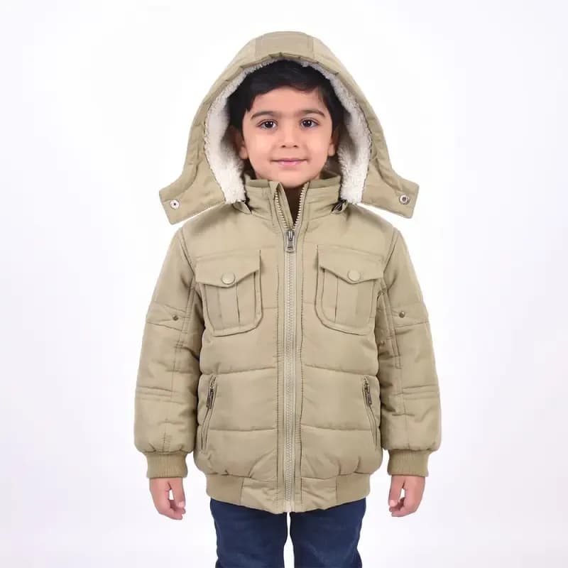 کاپشن پسرانه شمعی خزدار چهار جیب رنگ کرم